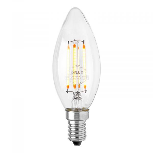 Лампа світлодіодна Delux 90011680 потужністю 4W з серії Filament. Типорозмір — BL37B з цоколем E14, температура кольору — 2700K