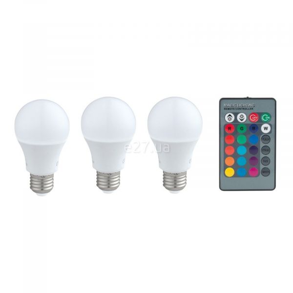 Лампа светодиодная Eglo 10681 мощностью 7.5W. Типоразмер — A60 с цоколем E27, температура цвета — 3000K, RGB. В наборе 3шт.
