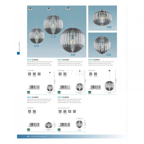 Підвісний світильник Eglo 96747 Olmero в каталозі виробника