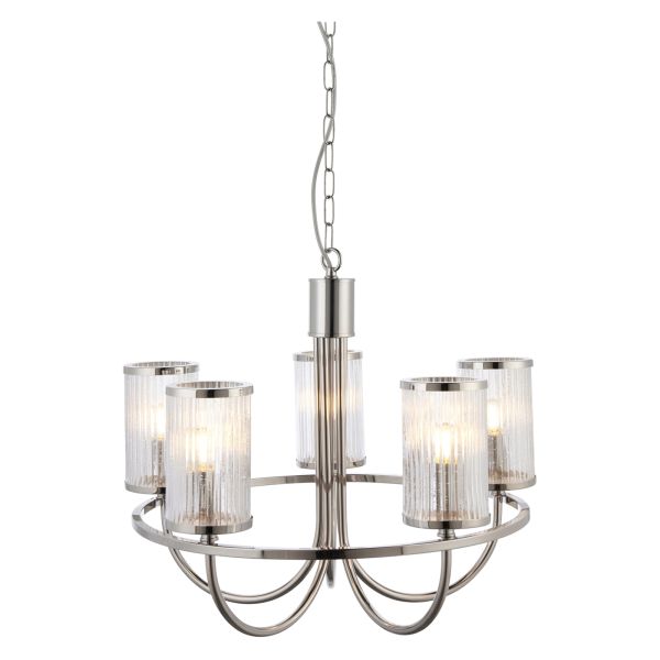 Люстра Endon 100014 Henbury 5 Light Pendant, Bright nickel plate & ribbed bubble glass