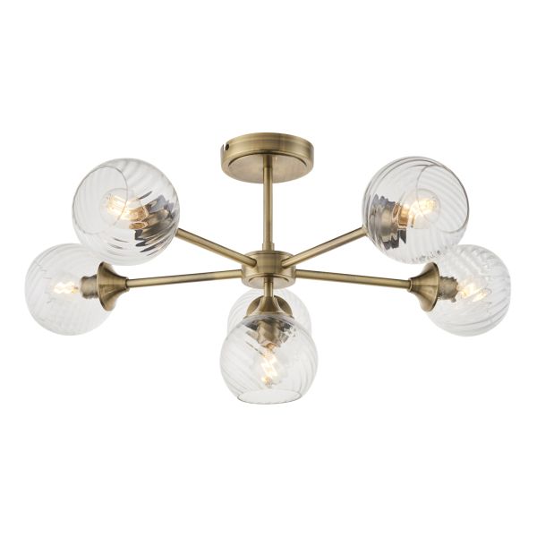 Люстра Endon 103171 Allegra 6lt Semi Flush, Antique brass plate & clear spiral glass