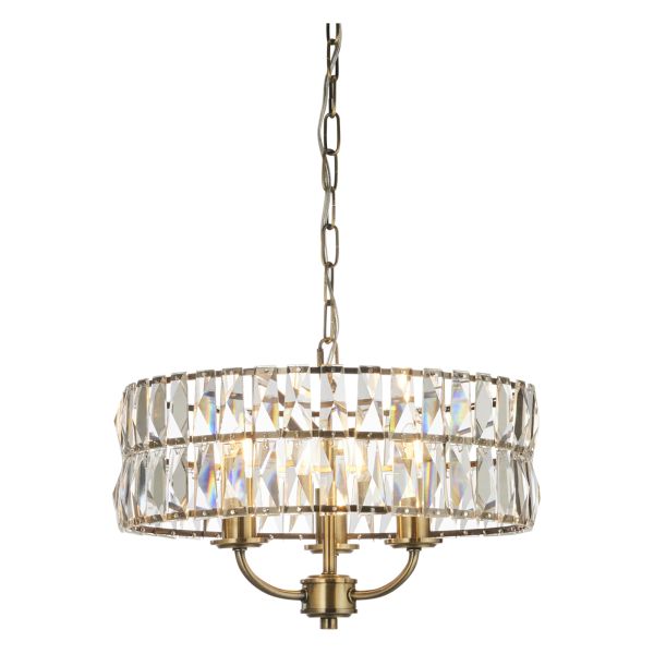 Люстра Endon 106243 Clifton 3lt Pendant, Antique brass plate & clear crystal glass