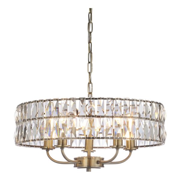 Люстра Endon 106244 Clifton 5lt Pendant, Antique brass plate & clear crystal glass