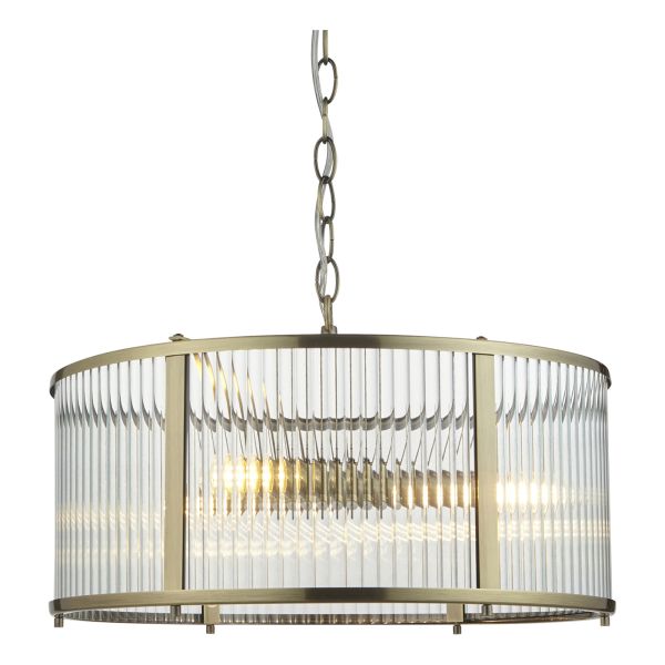 Люстра Endon 106282 Ridgeton 3lt Pendant, Antique brass plate & clear ribbed glass