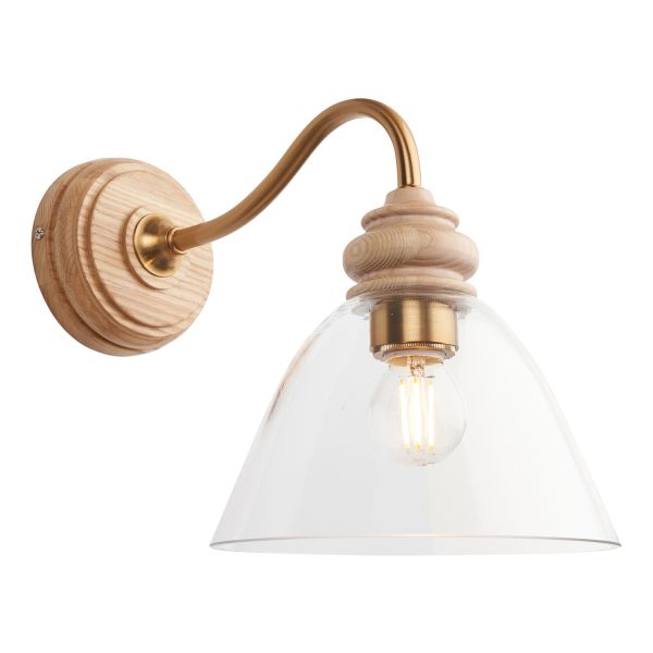 Бра Endon 113371 Cotswold Wall Light, Natural ash, brushed aged brass plate & clear glass