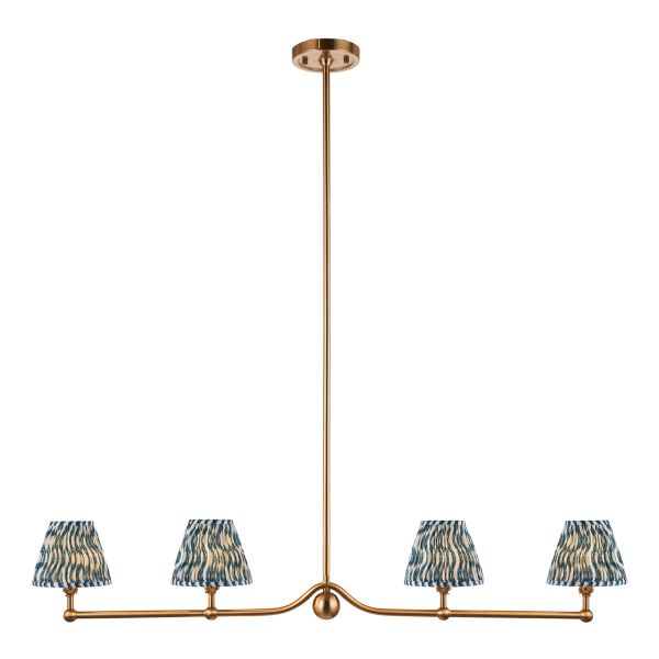 Підвісний світильник Endon 114987 Santiago & Ripple 16cm 4lt Linear Pendant, Brushed aged brass plate & marlin blue fabric