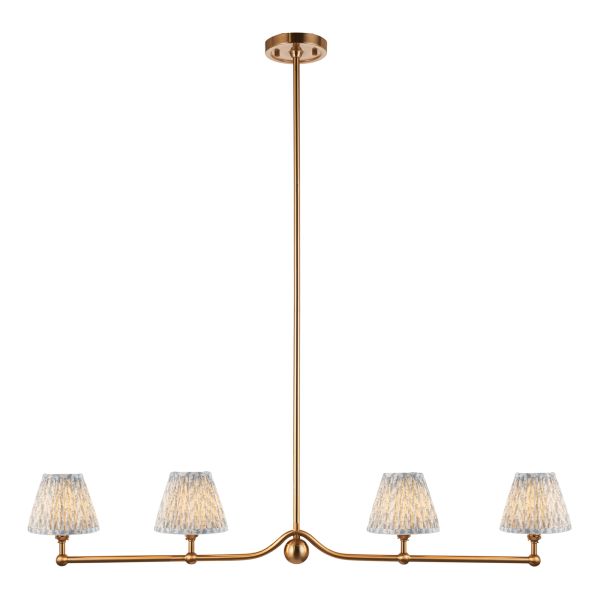 Підвісний світильник Endon 114992 Santiago & Leaf 16cm 4lt Linear Pendant, Brushed aged brass plate & shell bay blue fabric