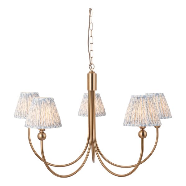 Люстра Endon 115050 Santiago & Leaf 16cm 5lt Pendant, Brushed aged brass plate & shell bay blue fabric