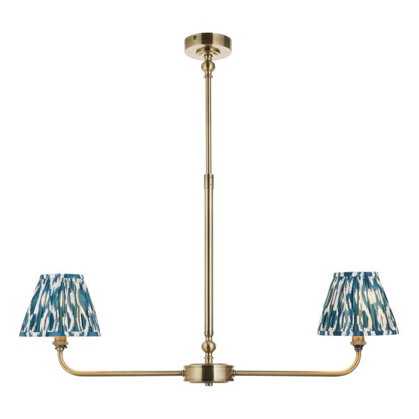 Подвесной светильник Endon 118086 Lille & Ikat 16cm 2lt Linear Pendant, Antique brass plate & marlin blue fabric