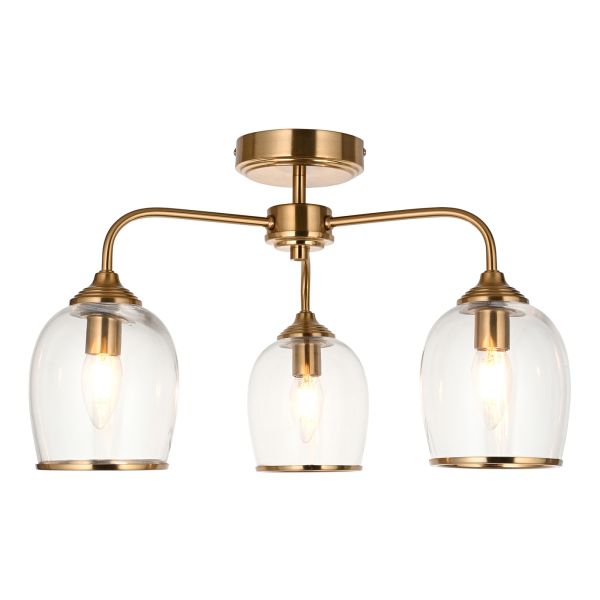 Люстра Endon 120616 Ashcroft 3lt Semi Flush, Brushed aged brass plate & clear glass