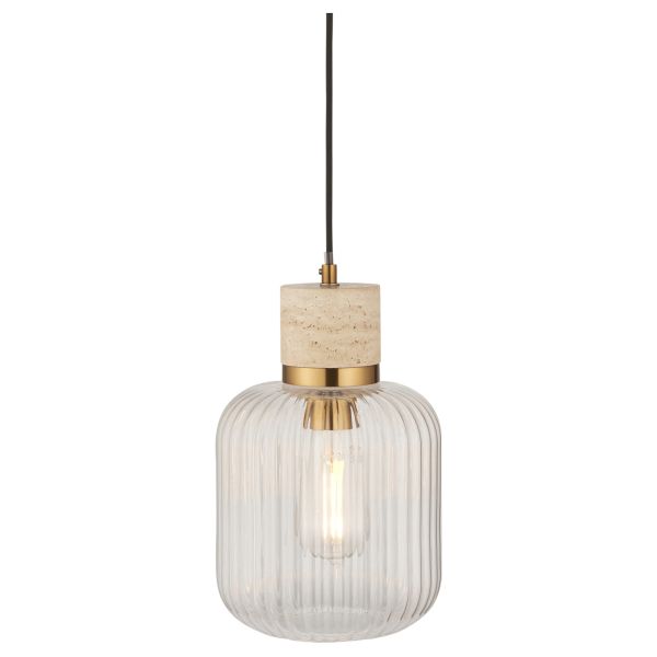 Подвесной светильник Endon 120664 Travi Ribbed Pendant, Natural travertine, vintage brass & clear ribbed glass