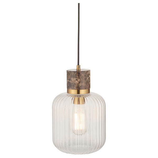 Подвесной светильник Endon 120665 Travi Ribbed Pendant, Dark brown Emperador marble, vintage brass & clear ribbed glass