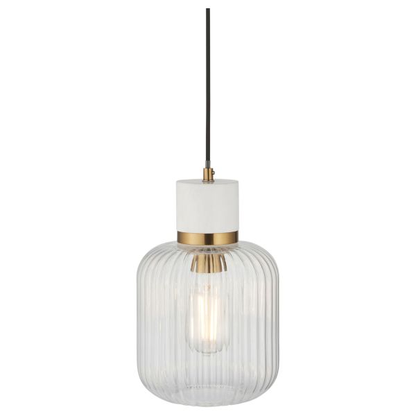 Подвесной светильник Endon 120667 Travi Ribbed Pendant, White volakas marble, vintage brass & clear ribbed glass