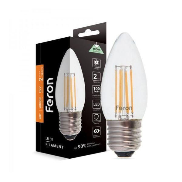 Лампа світлодіодна Feron 25619 потужністю 4W з серії Filament. Типорозмір — C37 з цоколем E27, температура кольору — 4000K