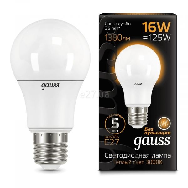 Лампа светодиодная Gauss 102502116 мощностью 16W. Типоразмер — A60 с цоколем E27, температура цвета — 3000K