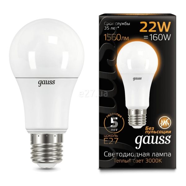 Лампа світлодіодна Gauss 102502122 потужністю 22W з серії Black. Типорозмір — A70 з цоколем E27, температура кольору — 3000K