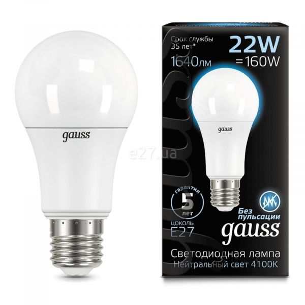 Лампа светодиодная Gauss 102502222 мощностью 22W из серии Black. Типоразмер — A70 с цоколем E27, температура цвета — 4100K