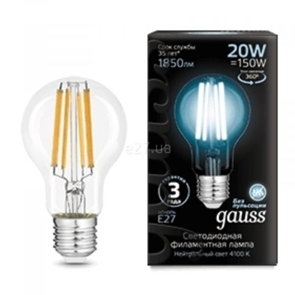 Лампа світлодіодна Gauss 102902220 потужністю 20W з серії Filament. Типорозмір — A60 з цоколем E27, температура кольору — 4100K