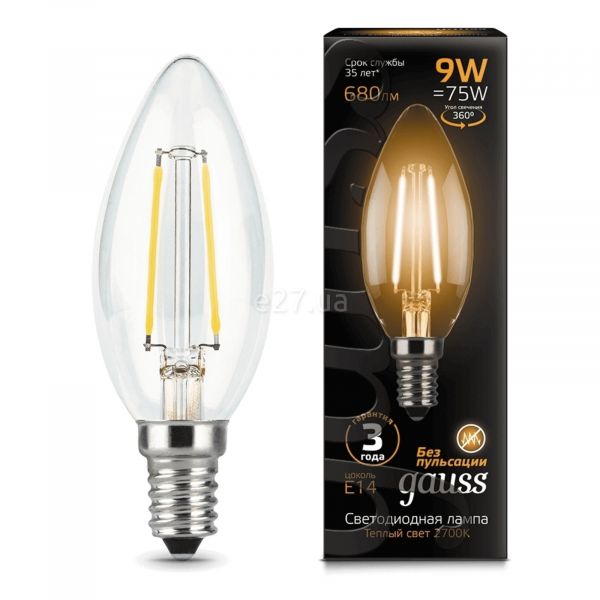 Лампа світлодіодна Gauss 103801109 потужністю 9W з серії Filament. Типорозмір — C35 з цоколем E14, температура кольору — 2700K