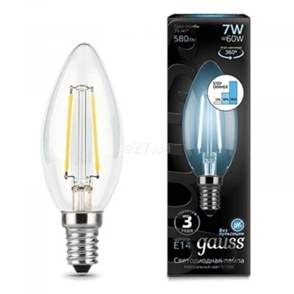 Лампа светодиодная  диммируемая Gauss 103801207-S мощностью 7W из серии Filament. Типоразмер — C35 с цоколем E14, температура цвета — 4100K
