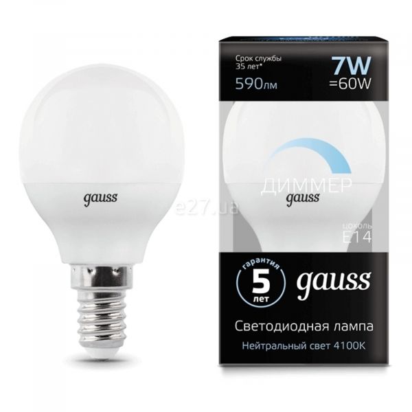 Лампа світлодіодна  сумісна з димером Gauss 105101207-D потужністю 7W з серії Black. Типорозмір — G45 з цоколем E14, температура кольору — 4100K