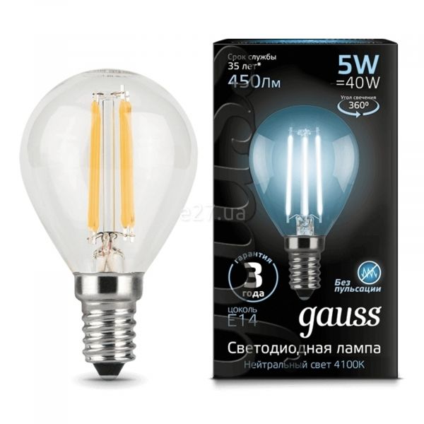 Лампа світлодіодна Gauss 105801205 потужністю 5W з серії Black. Типорозмір — G45 з цоколем E14, температура кольору — 4100K