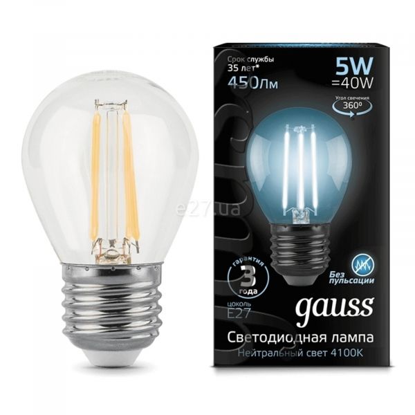 Лампа світлодіодна Gauss 105802205 потужністю 5W з серії Black. Типорозмір — G45 з цоколем E27, температура кольору — 4100K