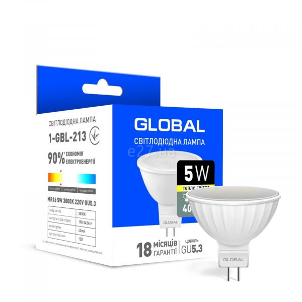 Лампа світлодіодна Global 1-GBL-213 потужністю 5W. Типорозмір — MR16 з цоколем GU5.3, температура кольору — 3000K