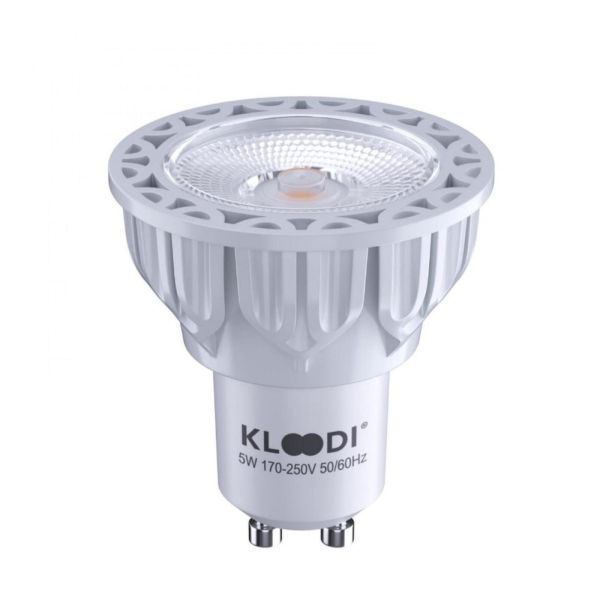 Лампа светодиодная  диммируемая Kloodi KDGU10-QL 5WCOB 2.7K 10D WH DIM мощностью 5W с цоколем GU10, температура цвета — 2700K