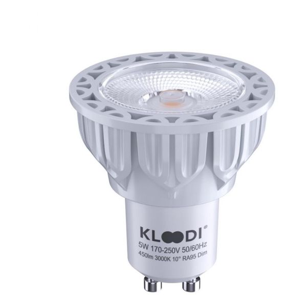 Лампа світлодіодна  сумісна з димером Kloodi KDGU10-QL 5WCOB 3K 60D WH DIM потужністю 5W з цоколем GU10, температура кольору — 3000K