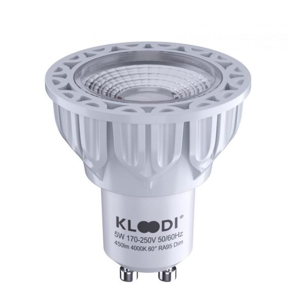 Лампа світлодіодна  сумісна з димером Kloodi KDGU10-QL 5WCOB 4K 60D WH DIM потужністю 5W з цоколем GU10, температура кольору — 4000K