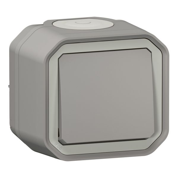 Переключатель проходной 1-клавишный Legrand 069711L PLEXO Перемикач 10А накладний, колір Сірий