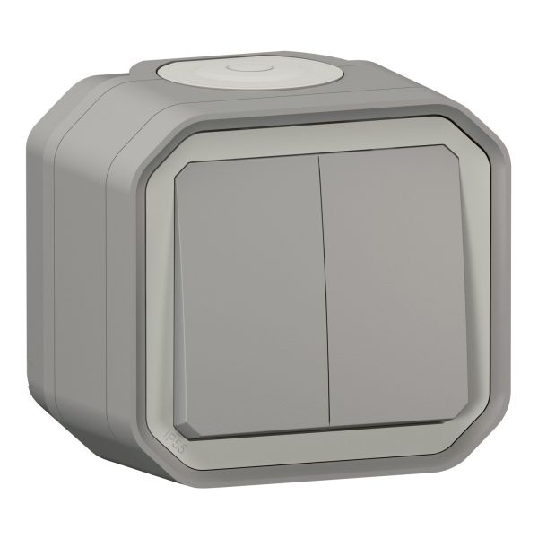 Переключатель проходной без фиксации Legrand 069715L PLEXO Перемикач/кнопка двоклавішний 10А накладний, колір Сірий