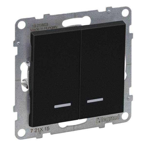 Выключатель 2-клавишный Legrand 721415 SUNO Вимикач двоклавішний з підсвіткою 10А автоматичні клеми, колір Чорний