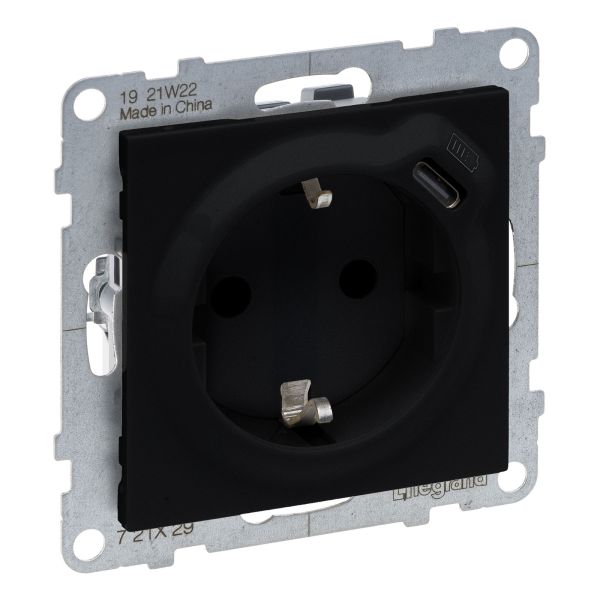 Розетка 220В з USB Legrand 721429 SUNO Розетка комбін. 2К+З зі шторк. 16 A + USB Тип C 1,5 A 250 В, колір Чорний