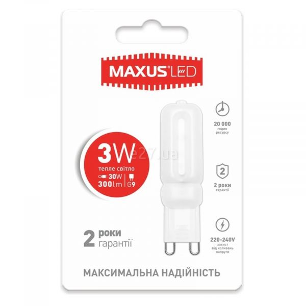 Лампа світлодіодна Maxus 1-LED-203 потужністю 3W. Типорозмір — G9 з цоколем G9, температура кольору — 3000K
