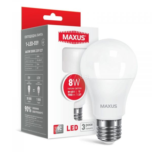 Лампа светодиодная Maxus 1-LED-559 мощностью 8W. Типоразмер — A60 с цоколем E27, температура цвета — 3000K