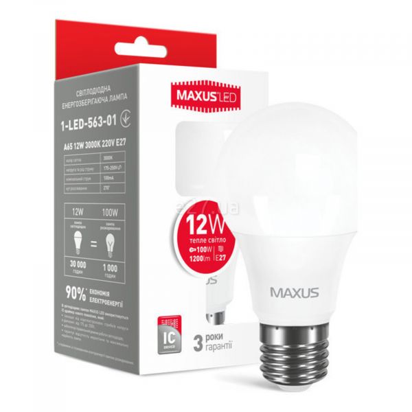 Лампа світлодіодна Maxus 1-LED-563-01 потужністю 12W. Типорозмір — A65 з цоколем E27, температура кольору — 3000K