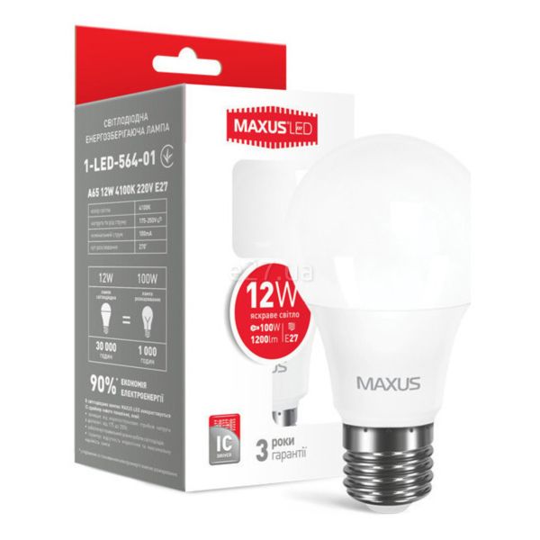 Лампа светодиодная Maxus 1-LED-564-01 мощностью 12W. Типоразмер — A65 с цоколем E27, температура цвета — 4100K