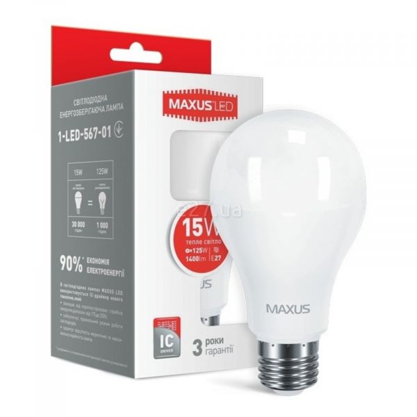 Лампа светодиодная Maxus 1-LED-567-01 мощностью 15W. Типоразмер — A70 с цоколем E27, температура цвета — 3000K