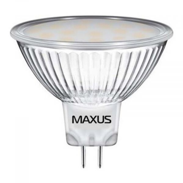 Лампа світлодіодна Maxus 2-LED-143 потужністю 3W. Типорозмір — MR16 з цоколем GU5.3, температура кольору — 3000K. У наборі 2шт.