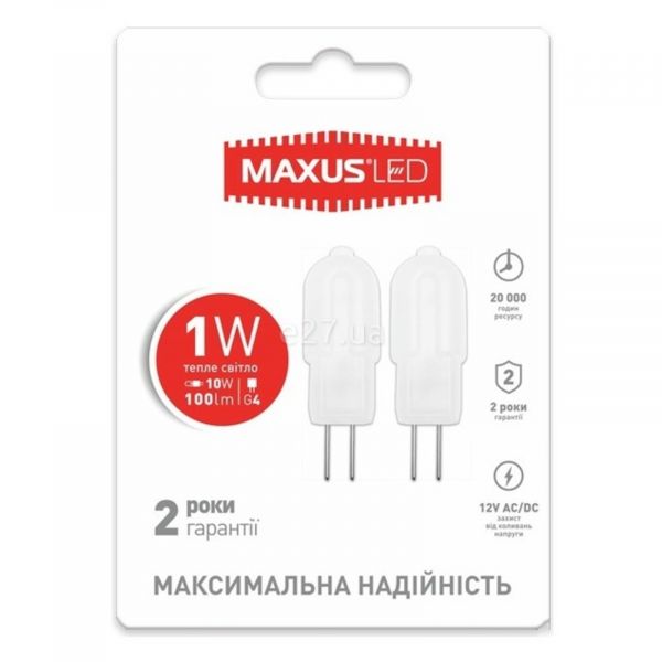 Лампа светодиодная Maxus 2-LED-205 мощностью 1W. Типоразмер — G4 с цоколем G4, температура цвета — 3000K. В наборе 2шт.
