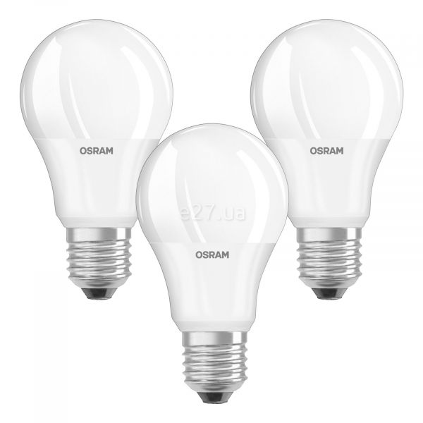 Лампа світлодіодна Osram 4058075479340 потужністю 8W з серії LED Value. Типорозмір — A60 з цоколем E27, температура кольору — 4000K. У наборі 3шт.