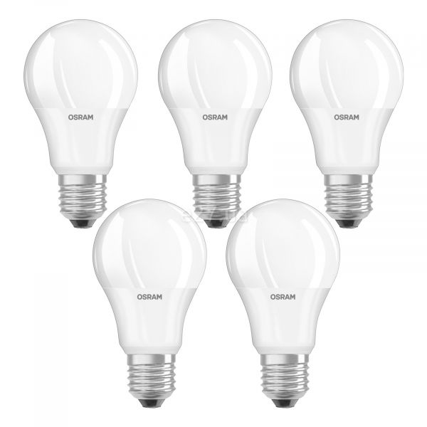 Лампа світлодіодна Osram 4058075479357 потужністю 8W з серії LED. Типорозмір — A60 з цоколем E27, температура кольору — 4000K. У наборі 5шт.