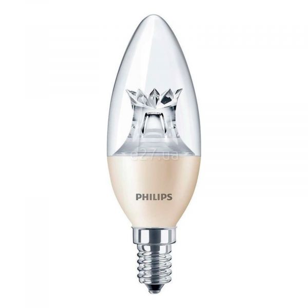 Лампа світлодіодна  сумісна з димером Philips 929001140408 потужністю 6W з серії Master LEDcandle. Типорозмір — B38 з цоколем E14, температура кольору — 2700K