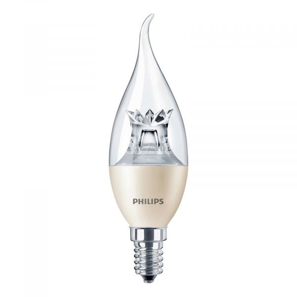 Лампа світлодіодна  сумісна з димером Philips 929001140502 потужністю 6W з серії Master LEDcandle. Типорозмір — BA38 з цоколем E14, температура кольору — 2700K