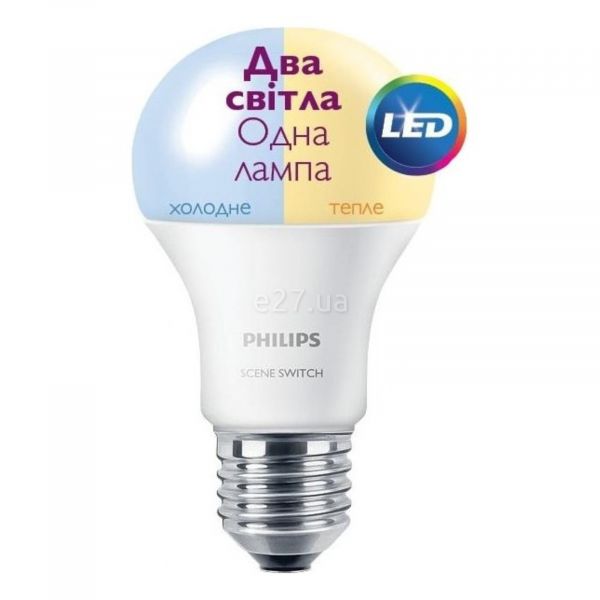 Лампа світлодіодна Philips 929001155937 потужністю 9.5W з серії Scene Switch. Типорозмір — A60 з цоколем E27, температура кольору — 3000K-6500K