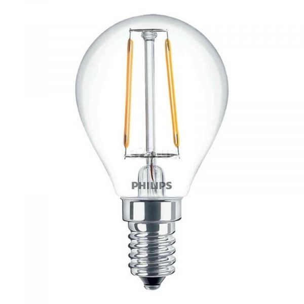 Лампа світлодіодна Philips 929001180207 потужністю 2.3W з серії LED Filament. Типорозмір — P45 з цоколем E14, температура кольору — 2700K