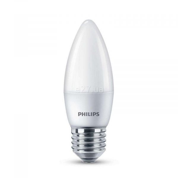 Лампа світлодіодна Philips 929001887207 потужністю 6.5W з серії Essential. Типорозмір — B35 з цоколем E27, температура кольору — 4000K