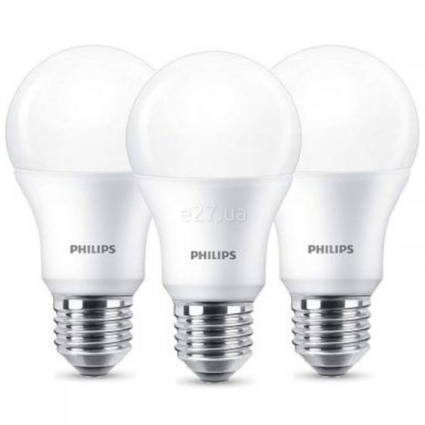 Лампа світлодіодна Philips 929001962947 потужністю 11W з серії Essential. Типорозмір — A60 з цоколем E27, температура кольору — 4000K. У наборі 3шт.